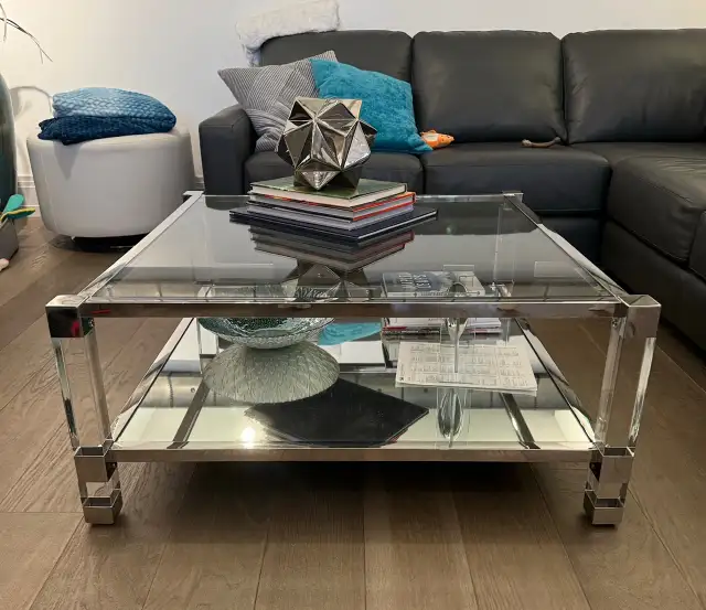 36' Square Glass and Chrome Coffee Table
