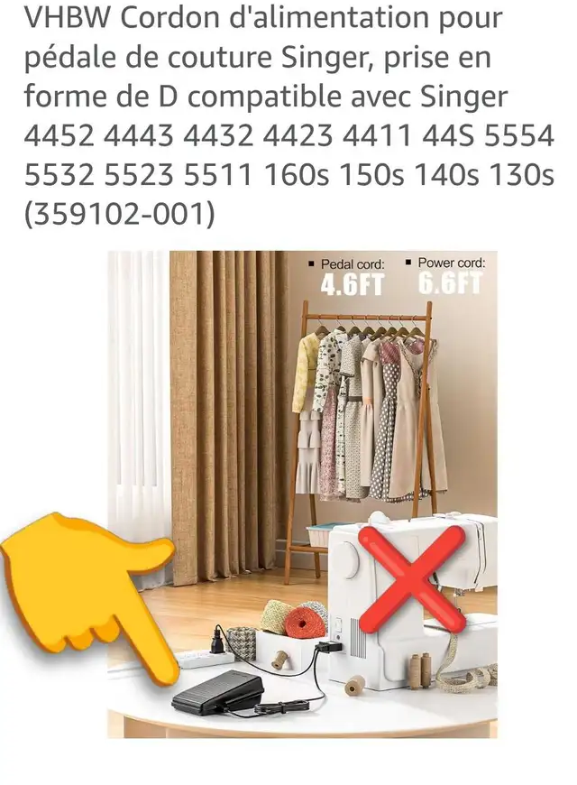 Pédale et fil électrique pour machine à coudre SINGER - Photo 2