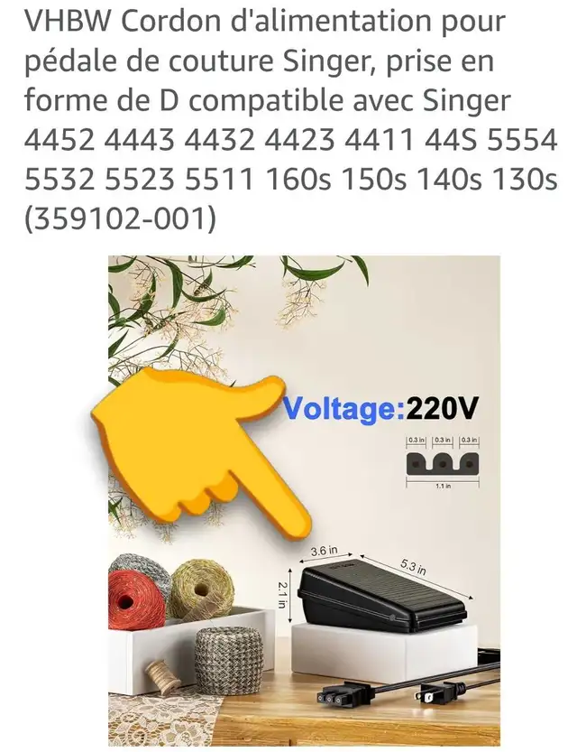 Pédale et fil électrique pour machine à coudre SINGER - Photo 3