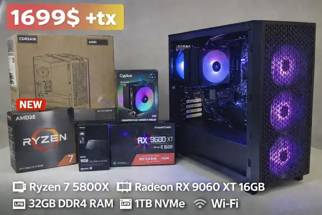 PC GAMING Ryzen 7 5800X RX 9060 XT 32GB DDR4 SSD 1TB NVMe WiFi