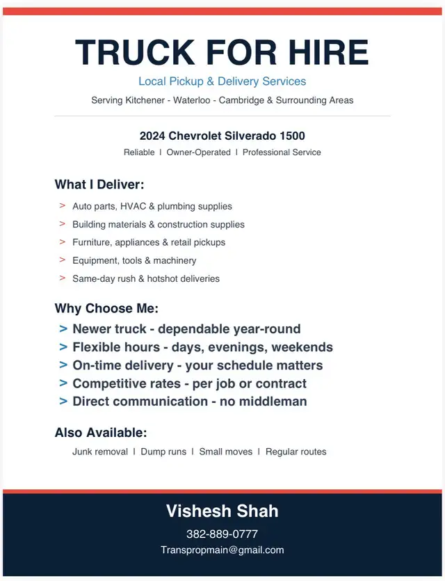 Local Delivery Services – Owner-Operator Available