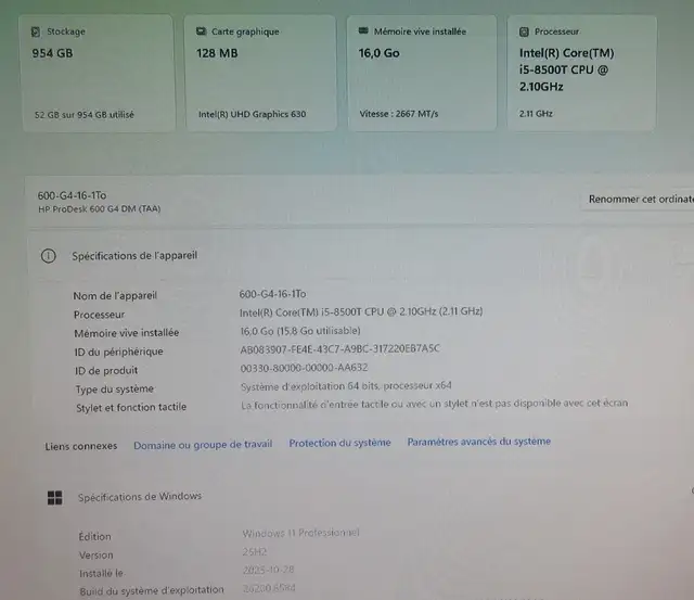 Ordi HP Prodesk 600G4 Core-i5-8500T 16Go SSD 1To WiFi BT W11 Pro - Photo 4