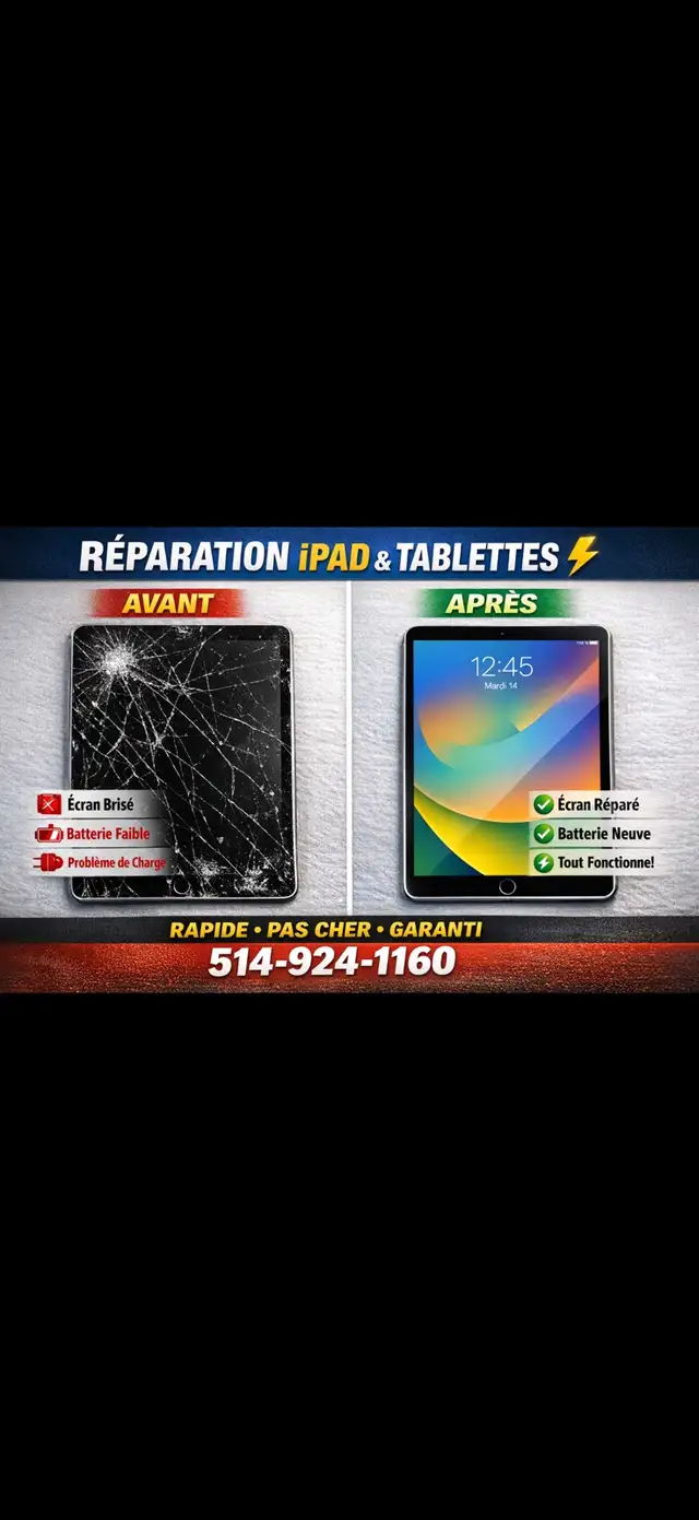 Réparation iPad & Tablettes ⚡ Écran cassé? Batterie? Prix bas!