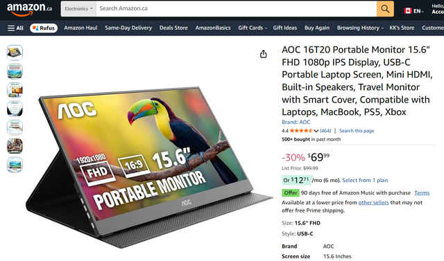 (New)AOC 16T20 Portable Monitor 15.6' FHD 1080p IPS Display, USB - Photo 2