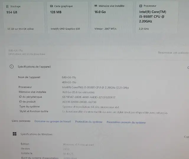 Ordi HP Prodesk 400G5 Core-i5-9500T 16Go SSD 1To WiFi BT W11 Pro - Photo 5