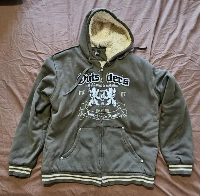 MEN'S ZIP UP OUTSIDERS OLIVE GREEN SHERPA FUR/FLEECE HOODIE (XL)