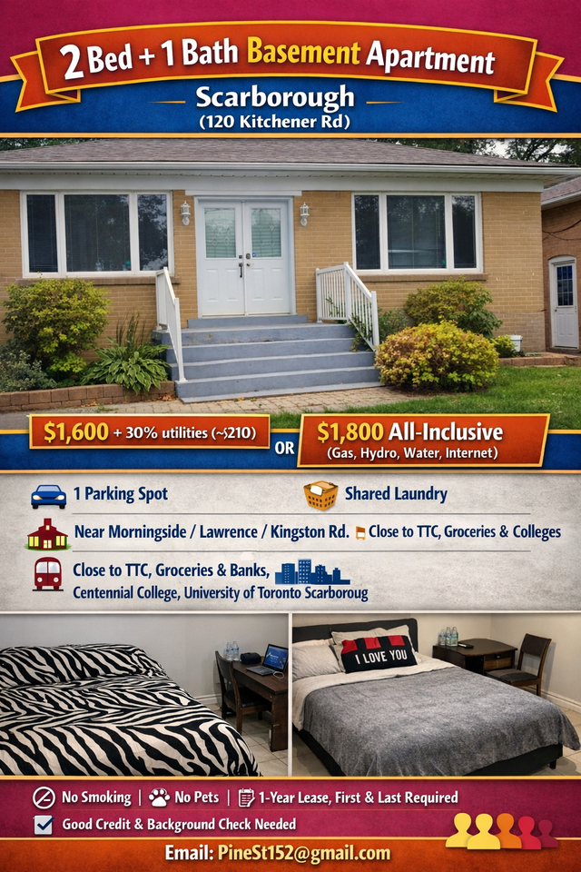 Two bedroom Basement for Rent Scarborough