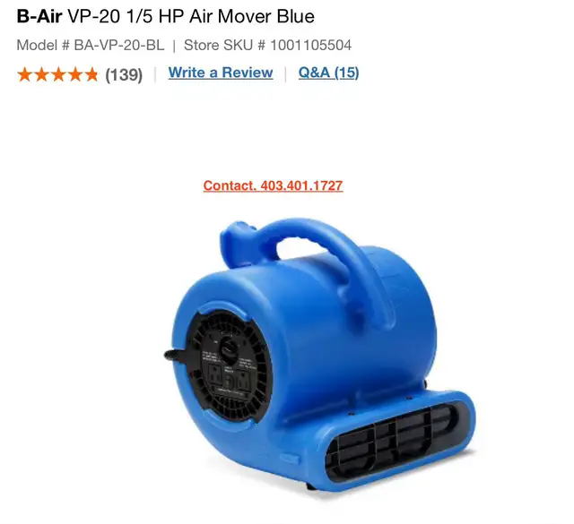 B-Air VP-20 1/5 HP Air Mover BlueModel # BA-VP-20-BL