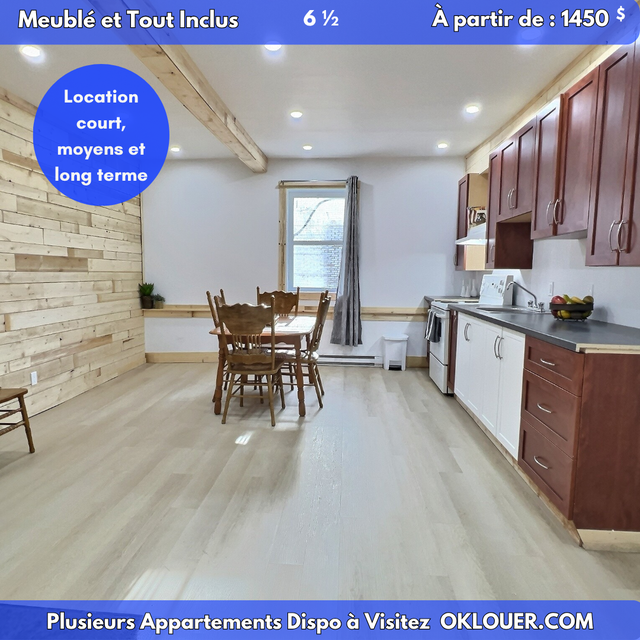 Grand 6 1/2 meublé – 4 chambres – Tout inclus – Centre-ville