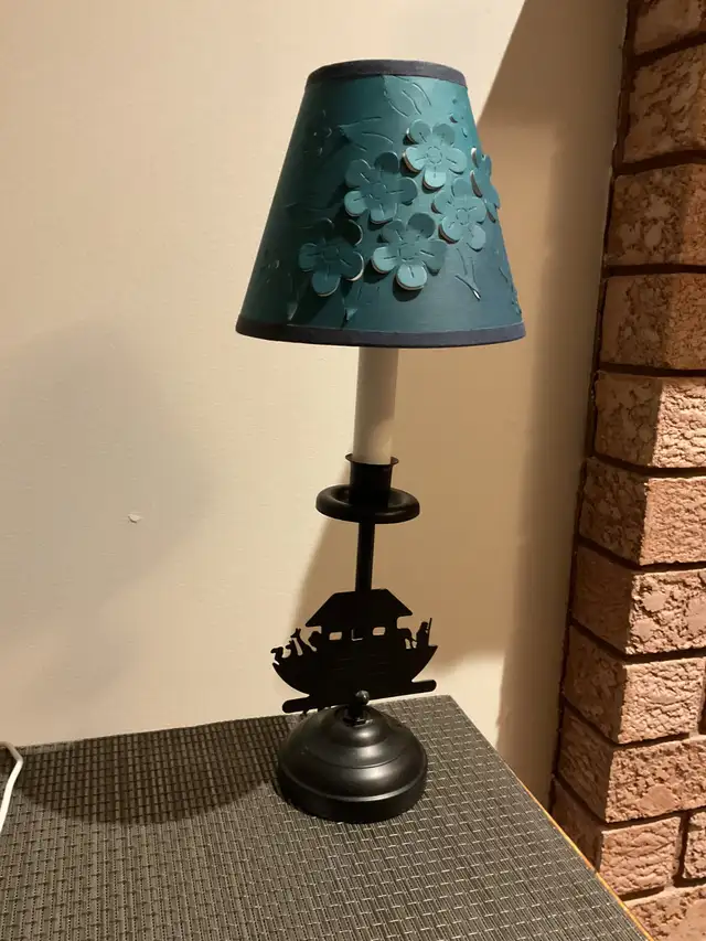 BEAUTIFUL BLACK NOAH’S ARK METAL LAMP,  BLUE CUT-WORK SHADE