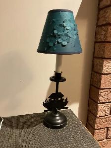 BEAUTIFUL BLACK NOAH’S ARK METAL LAMP,  BLUE CUT-WORK SHADE