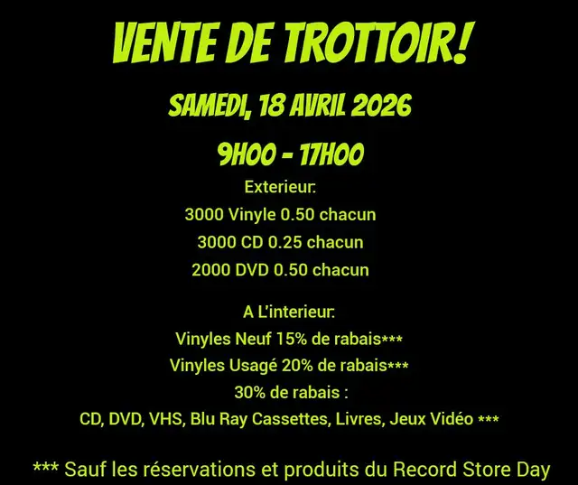 VENTE DE TROTTOIR! RETROPOP SAMEDI 18 AVRIL 9h-17h VINYLE CD DVD