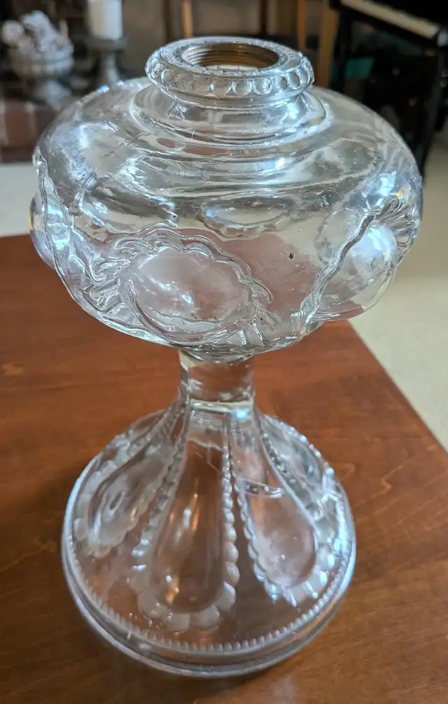Vintage Pressed Glass Oil Lamp Base — Scalloped Teardrop Pattern