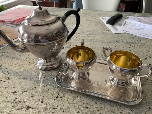Silver Teapot  with Creamer, Sugar, Tray Set