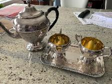 Silver Teapot  with Creamer, Sugar, Tray Set