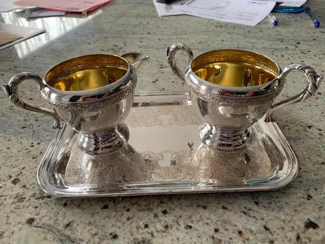 Silver Teapot  with Creamer, Sugar, Tray Set - Photo 2