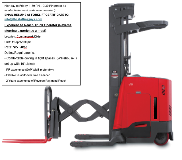 Revers Reach Truck Operator 27.50 / hr.