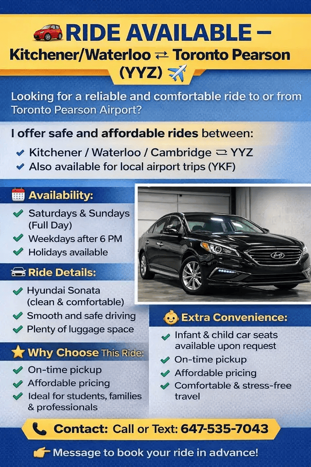 RIDE AVAILABLE – KWC  ⇄ Toronto Pearson Airport (YYZ)