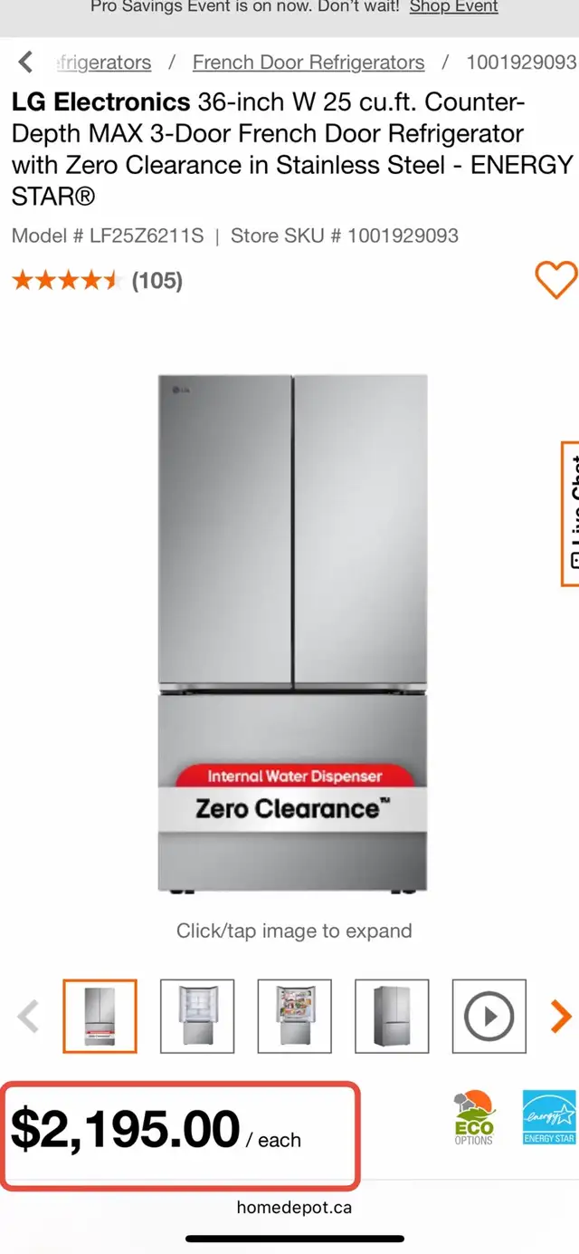 NEW 36" LG Internal Water & Ice Counter Depth Max Fridge (25 Cu. - Photo 9