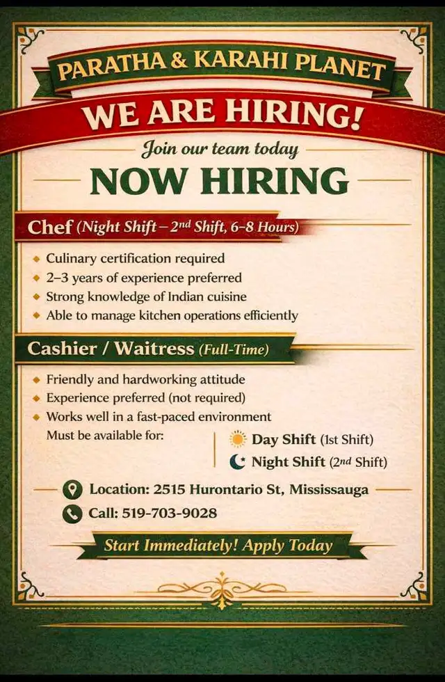 Hiring: Chef (Night Shift) & Cashier/Waitress (Full-Time)