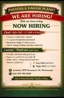 Hiring: Chef (Night Shift) & Cashier/Waitress (Full-Time)