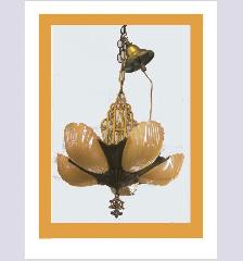 ANTIQUE ART DECO CEILING LAMP FIXTURE w 5 SLIP SHADES