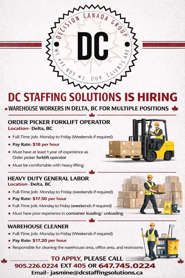 Hiring Multiple Warehouse workers in Delta & Surrey