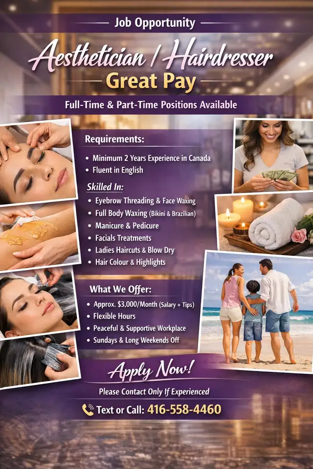 Aesthetician / Hairdresser – Great Pay