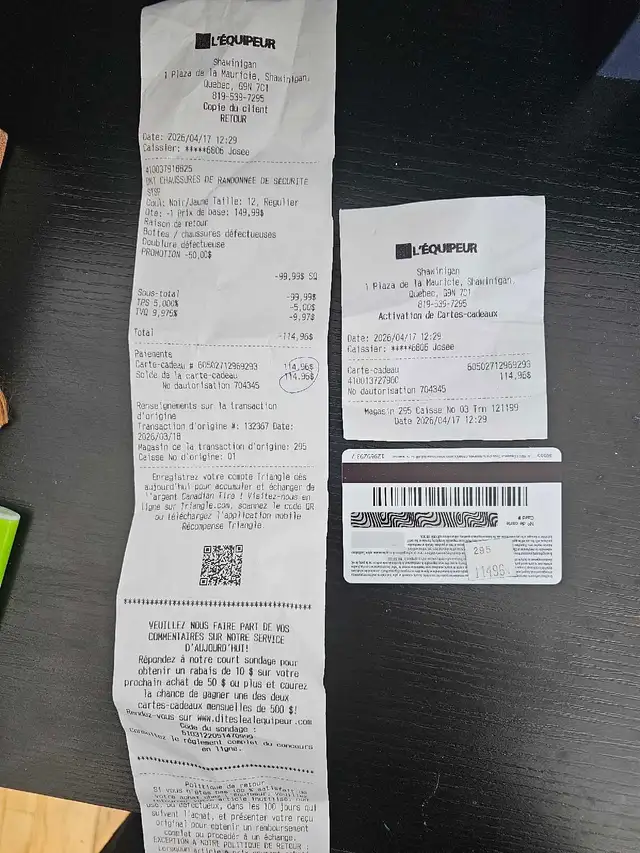 carte cadeau chez l'Équipeur de 114.96$.  Je la laisse à 75$.