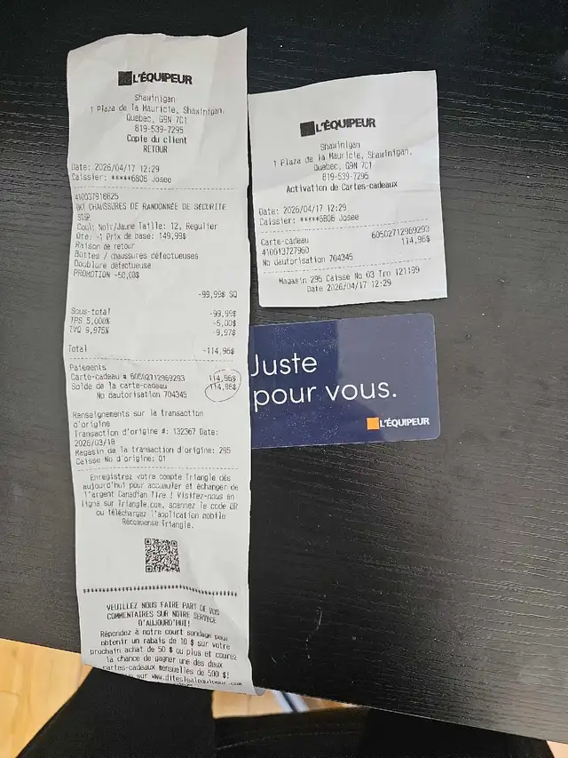 carte cadeau chez l'Équipeur de 114.96$.  Je la laisse à 75$. - Photo 2