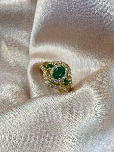 22K Gold Emerald & CZ Statement Ring - Vintage Look