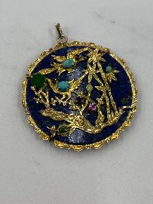 Vintage 14K Gold Lapis Pendant - Intricate Asian Scene