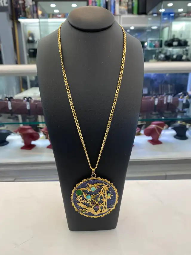 Vintage 14K Gold Lapis Pendant - Intricate Asian Scene - Photo 4