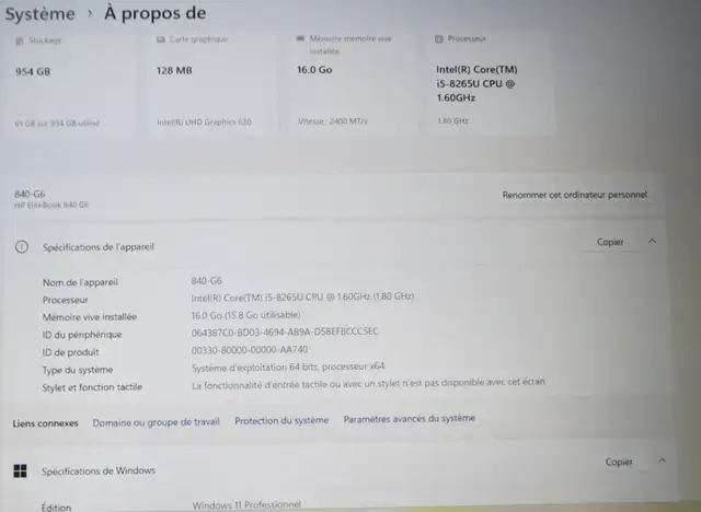 Portable HP EliteBook 840G6 Core-i5-8265U 16Go SSD 1To W11 Pro - Photo 4