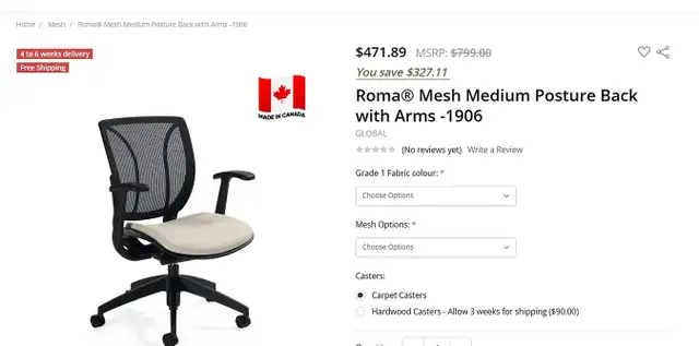 Global Roma® Mesh Medium Posture Back with Arms -1906! - Photo 3