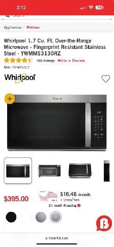 OVER THE RANGE MICROWAVE WHIRLPOOL FROM A CONDO HOUSE.