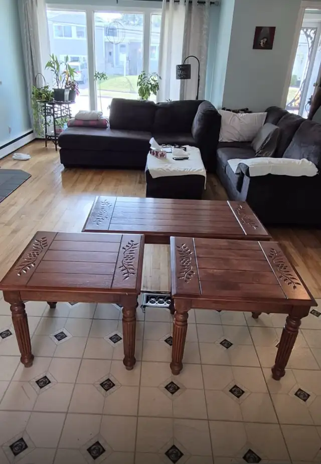 Coffee table with matching end tables.