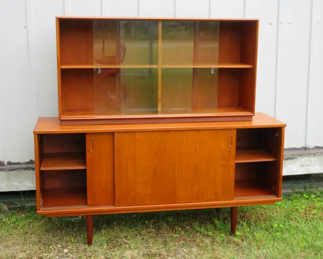 MID CENTURY MODERN TEAK SIDEBOARD w BOOKCASE CABINET VINTAGE