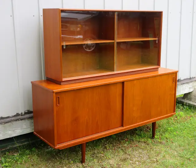 MID CENTURY MODERN TEAK SIDEBOARD w BOOKCASE CABINET VINTAGE - Photo 2