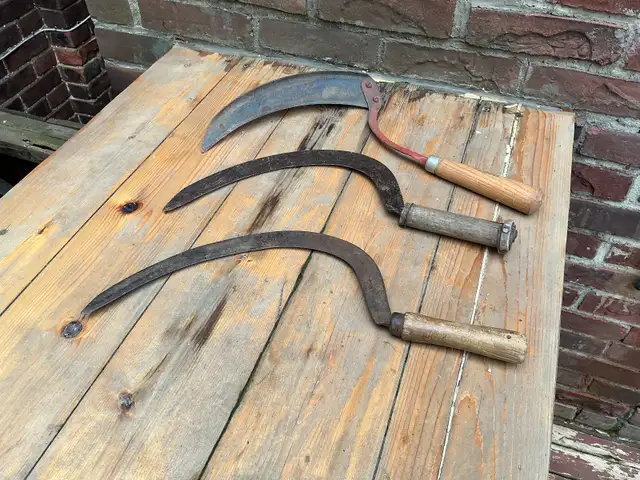 3 Vintage Farm Wood Handle Hay Grain Grass Cutting Sickle tools.