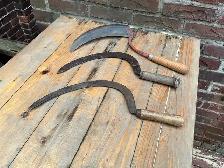 3 Vintage Farm Wood Handle Hay Grain Grass Cutting Sickle tools.