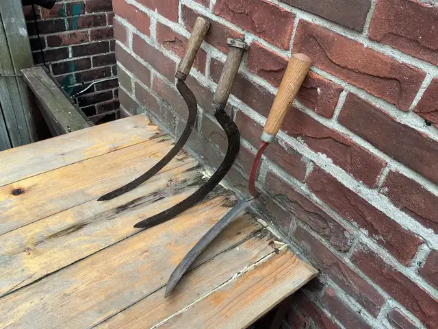 3 Vintage Farm Wood Handle Hay Grain Grass Cutting Sickle tools. - Photo 10