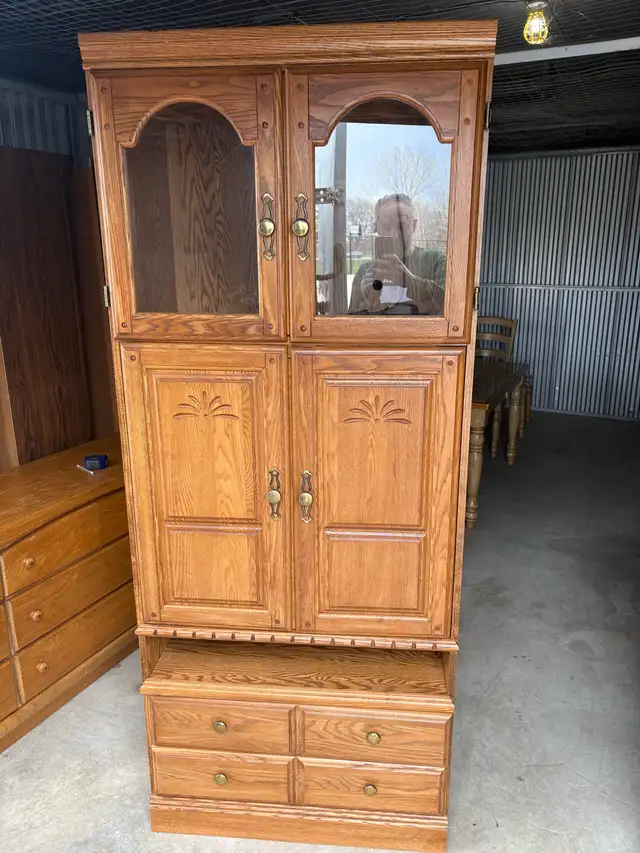 Free delivery used Oak Armoire Cabinet with Glass Doors - Photo 2