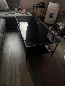 Sleek Black Tempered Glass Coffee Table with side table