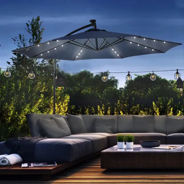 10ft Outdoor Cantilever Umbrella w Solar Lights w Adjustable Ang - Photo 3