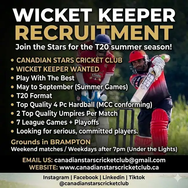 Recruiting Wicket Keeper for T20 hardball tournament in Brampton