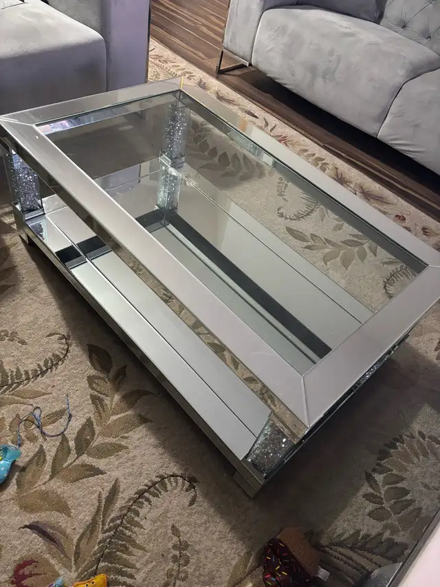Modern Mirrored Glass Coffee Table with Crystal Accents