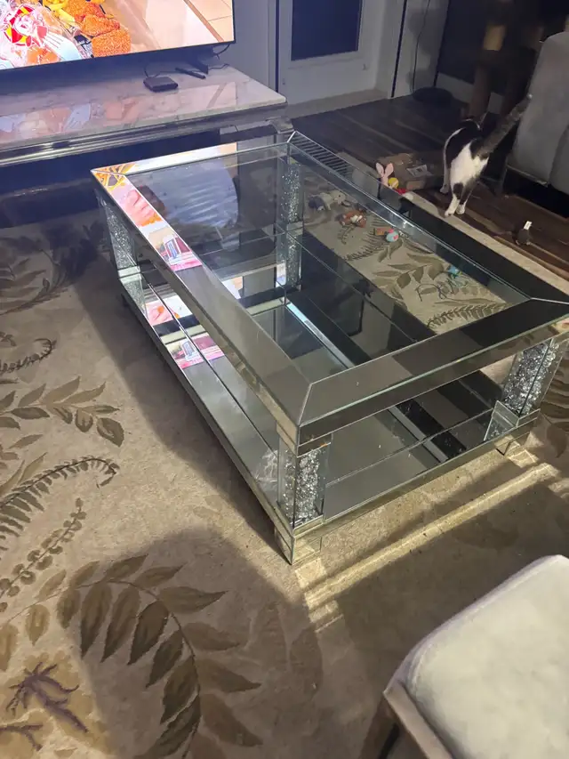 Modern Mirrored Glass Coffee Table with Crystal Accents - Photo 2