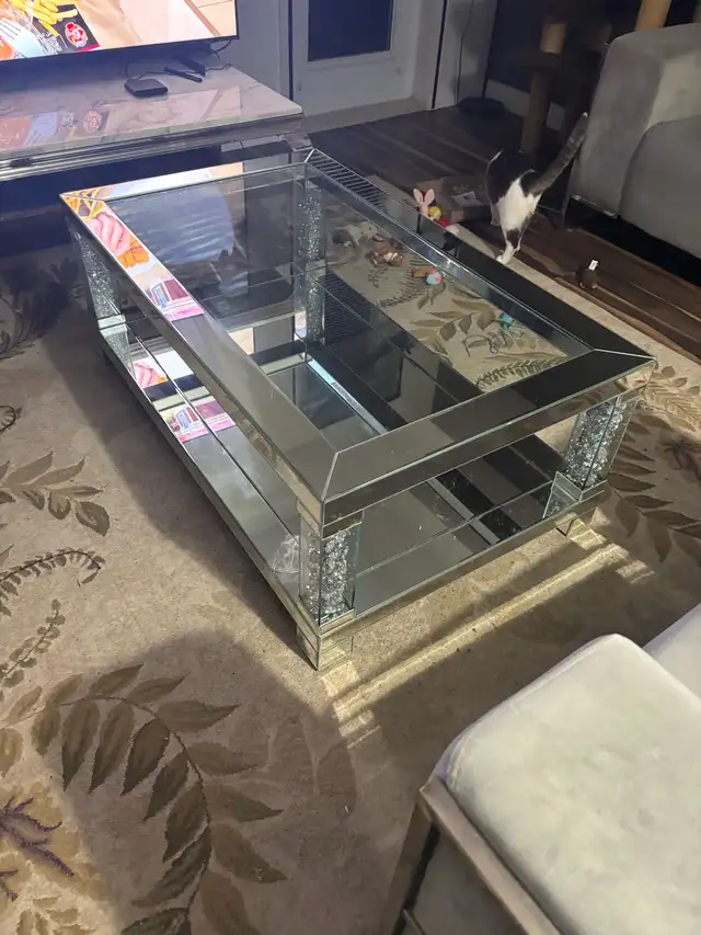 Modern Mirrored Glass Coffee Table with Crystal Accents - Photo 4