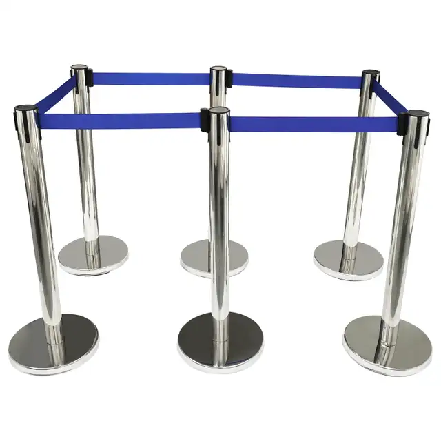 6 Stanchion Silver Posts Queue Pole Retractable Belt 170519